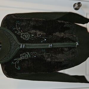 SOLEIL Dark Green Beaded Cardigan - M